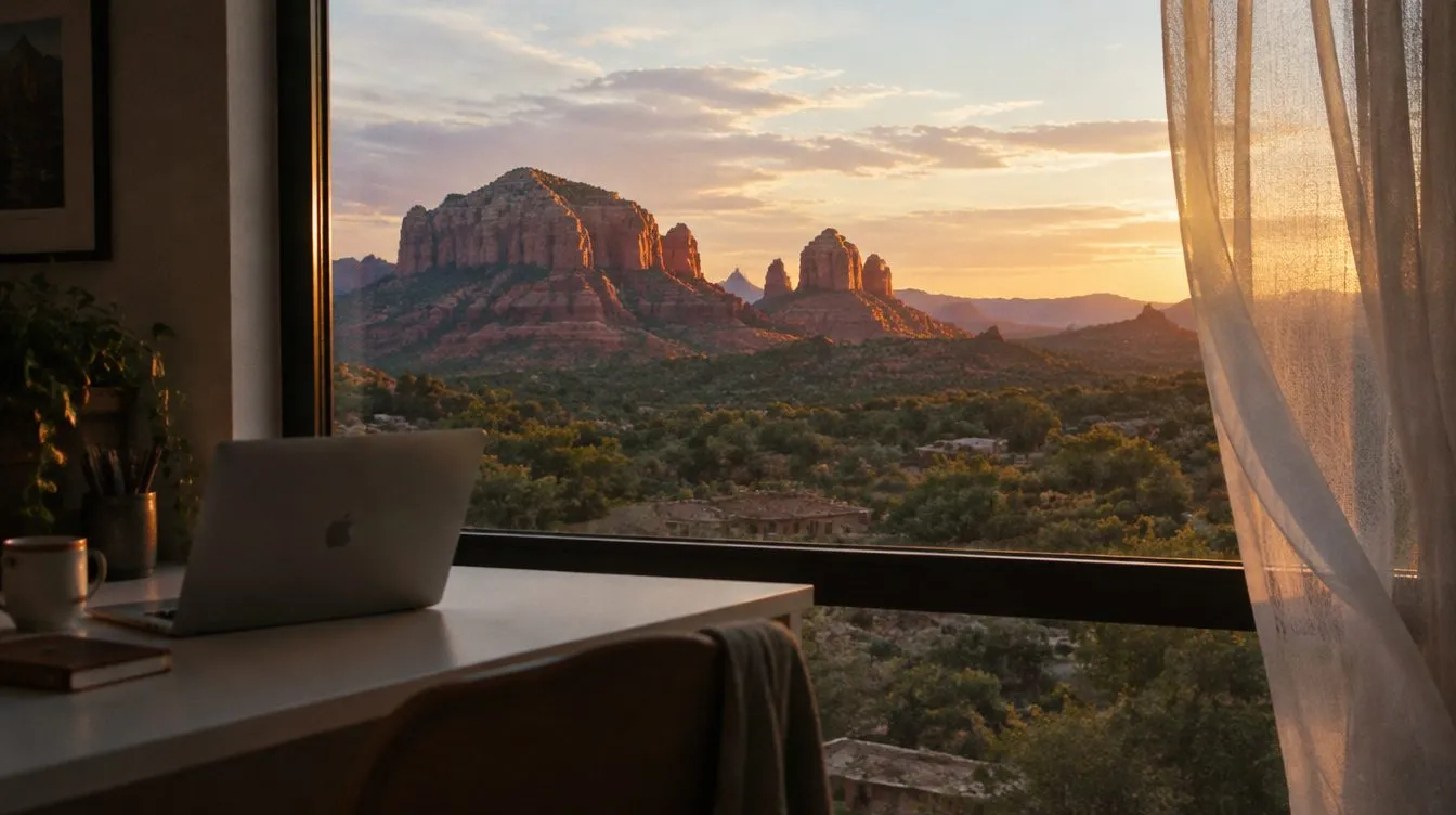 A studio desk with a laptop facing Sedona's red rocks at golden hour