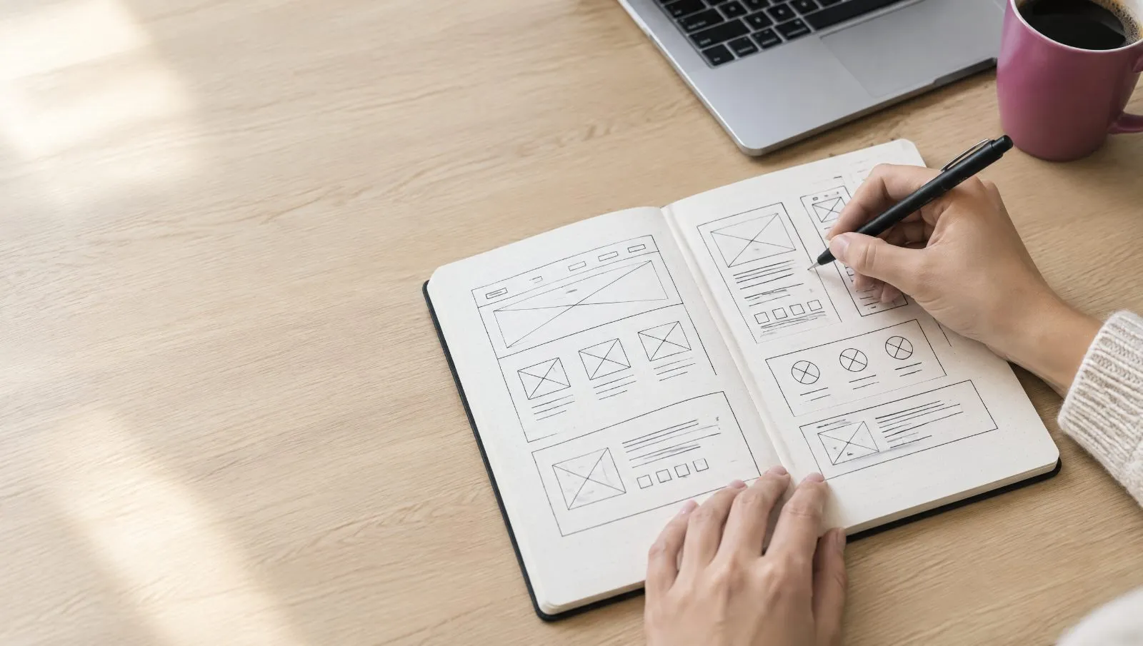 A designer sketching website wireframes in a notebook